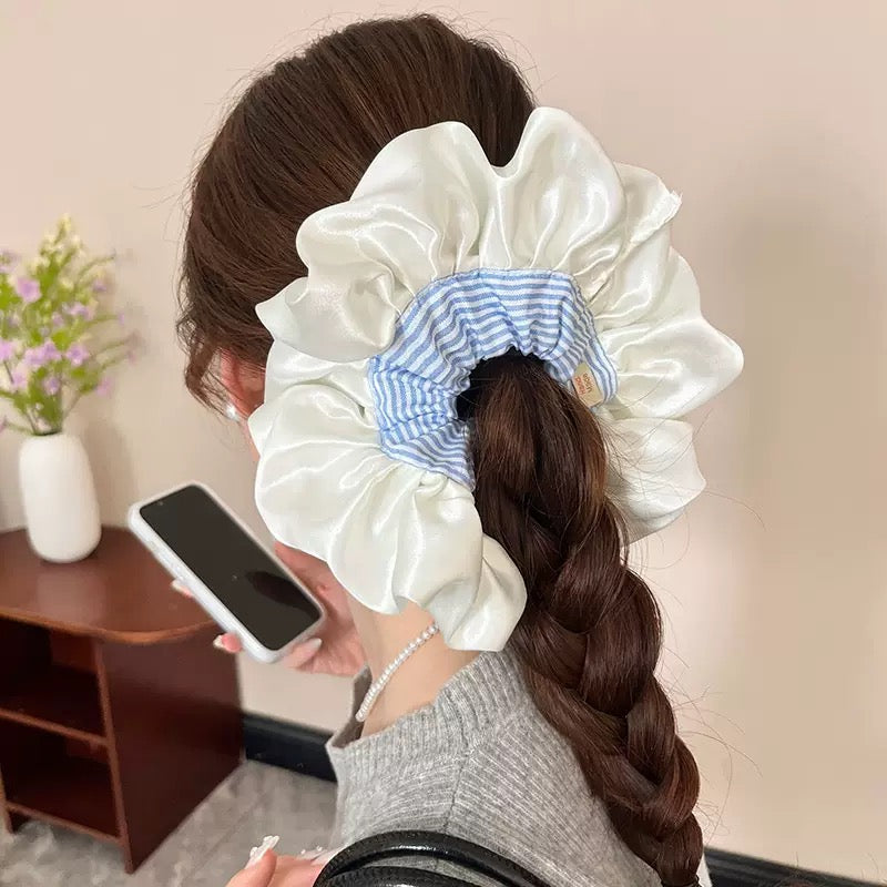Cream Satin Lace Stripes XXL 7” Scrunchie